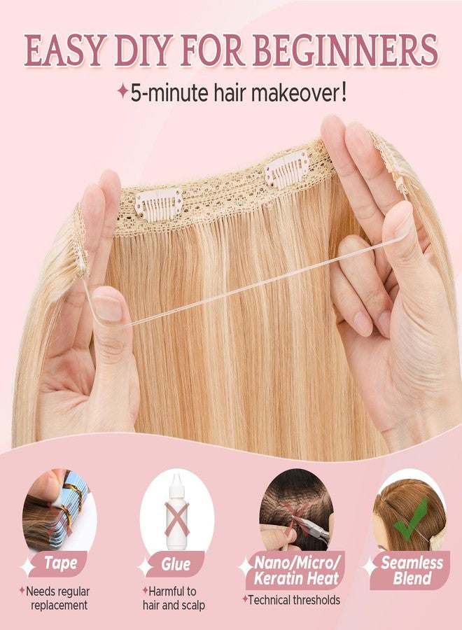 SEGO Halo Hair Extensions, Adjustable Invisible Wire Extensions, Real Human Hair, 2 Clips for Women Transparent Fish Line Extensions, Add Length Volume, 12 inches, Golden Brown Mixed Bleach Blonde - Image 2